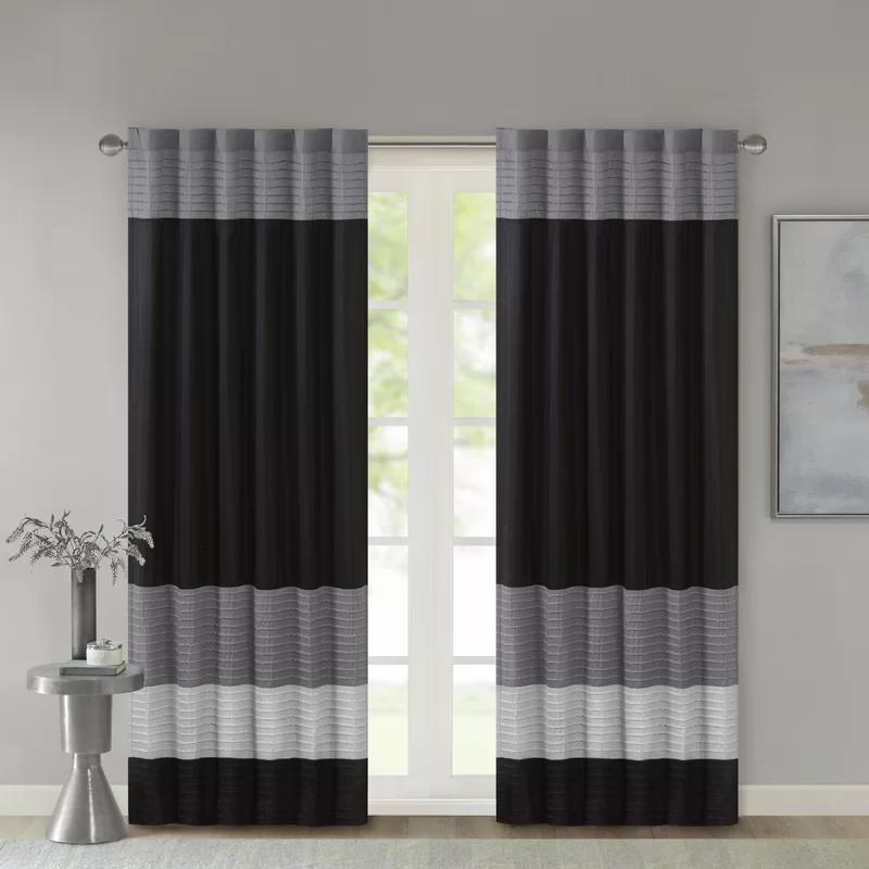 Black and Gray Faux Silk Pintuck Curtain Panel