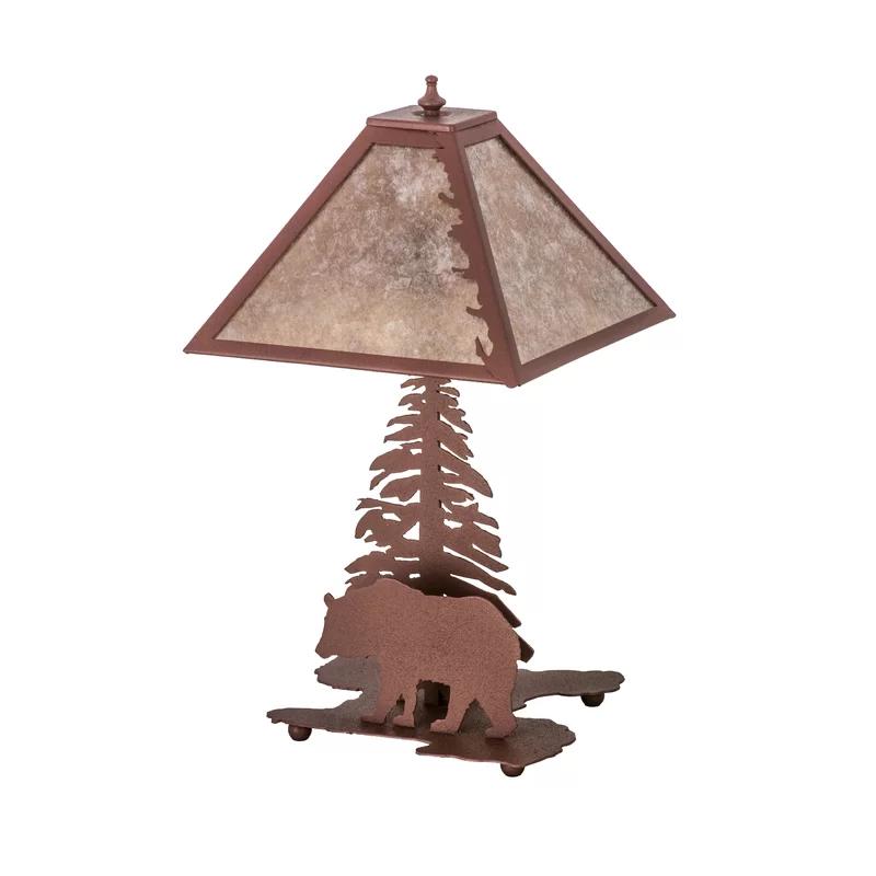 Rustic Silver Mica Shade Bear & Pine Tree Table Lamp