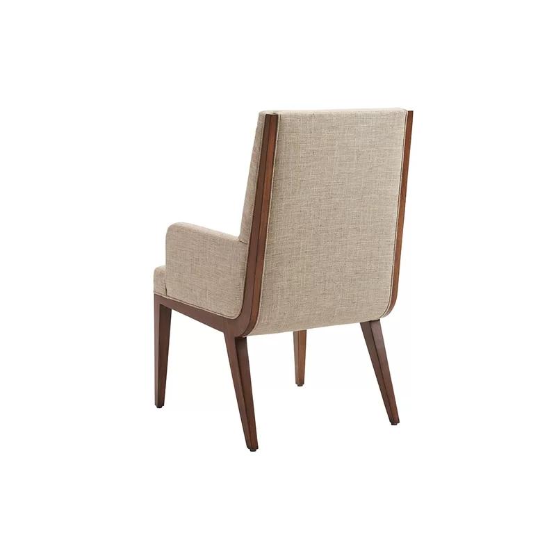 Elegant Taupe Linen Upholstered Arm Chair with Hazelnut Wood Finish