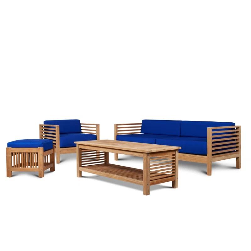 Summer 5-Piece Teak Outdoor Conversation Set with Blue Cushions