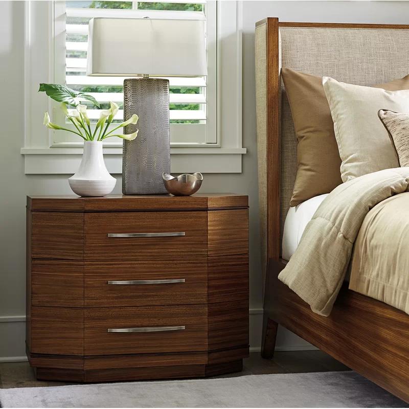 Hazelnut Brown Wood 3-Drawer Nightstand with Stainless Pulls