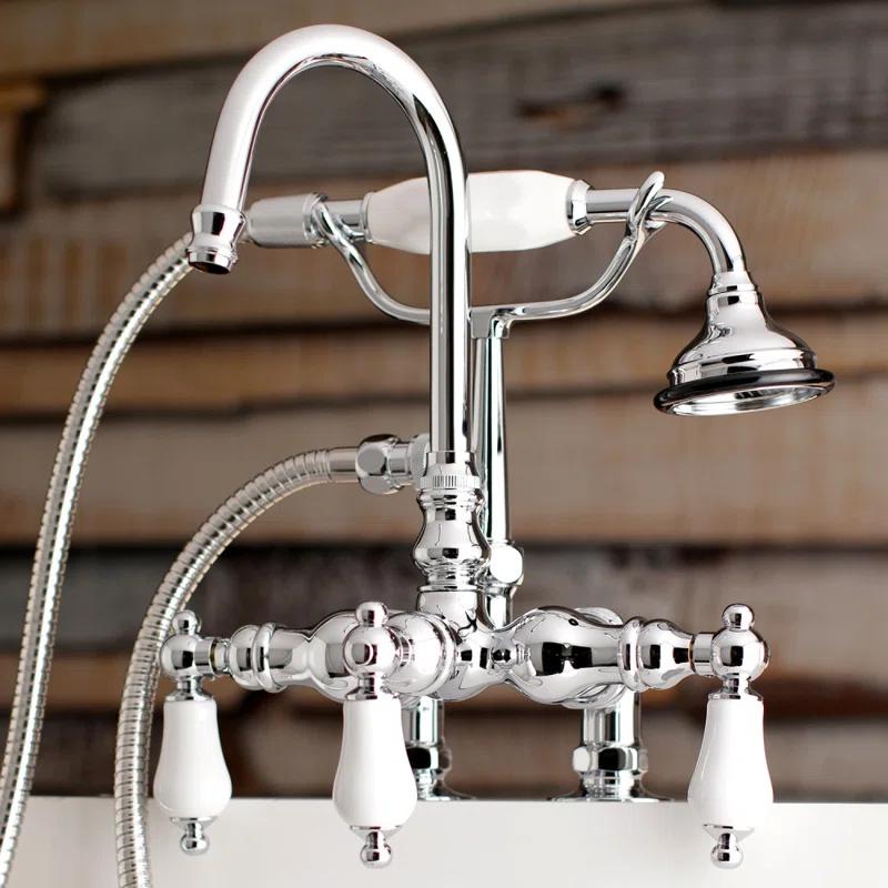 Kingston Brass Aqua Vintage Three-Handle 2-Hole Deck Mount Clawfoot Tub Faucet with Hand Shower