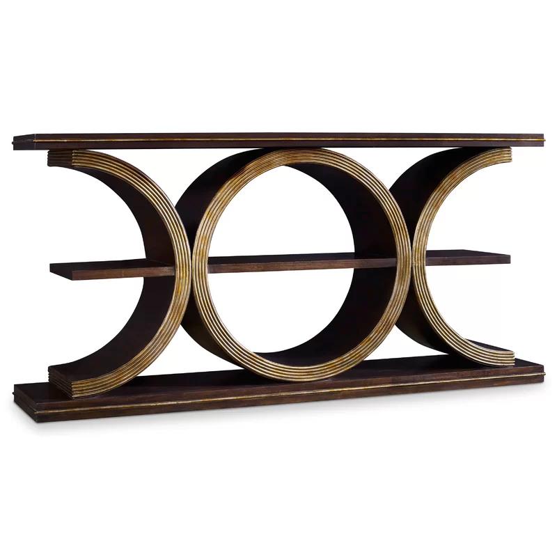 Transitional Brown Gold Wood Demilune Console Table with Storage