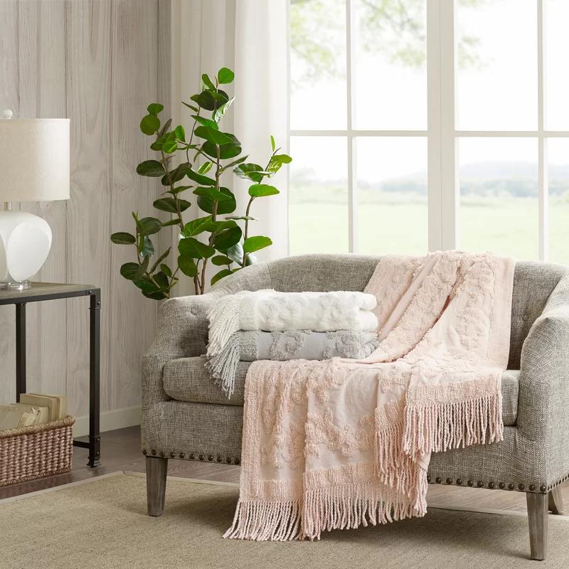 Blush Cotton Tufted Chenille Throw Blanket with Fringe