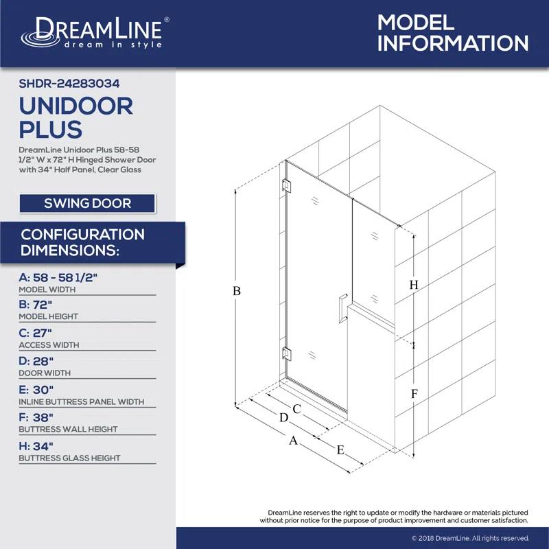 Unidoor Plus 58" W x 72" H Pivot Frameless Shower Door with ClearMax™ Technology