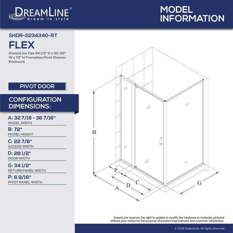 DreamLine Flex 36.44" W x 34.5" D x 72" H Framed Rectangle Pivot Shower Enclosure SHDR-2234340-RT-01