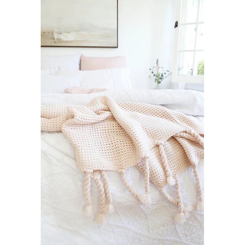 Blush Chunky Textured Weave Embroidered Throw with Braided Tassels