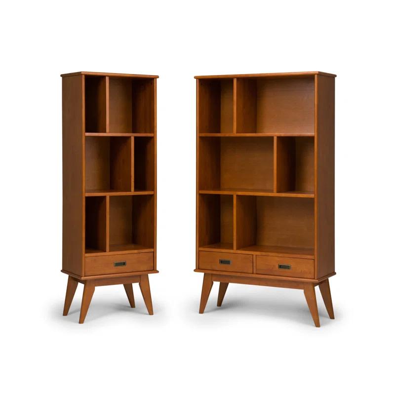 Simpli Home Draper 35"W Solid Hardwood 6 Shelf Compartment Mid-Century Modern Wide Bookcase with 2 Drawers