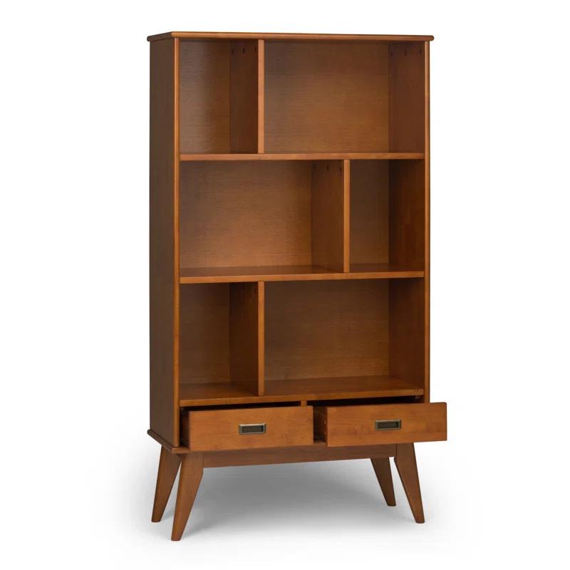 Simpli Home Draper 35"W Solid Hardwood 6 Shelf Compartment Mid-Century Modern Wide Bookcase with 2 Drawers