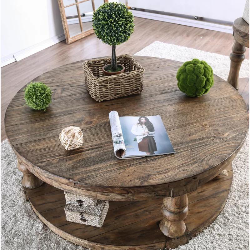 Pastoral Charm Round Oak Coffee Table with Button-Tufted Beige Linen Top