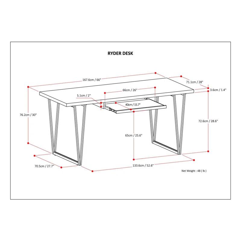 Simpli Home Ryder 66"W Solid Wood Desk, Industrial Contemporary Style with Keyboard Tray and V-Design Metal Base