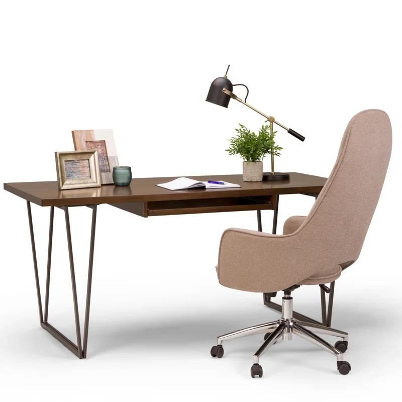 Simpli Home Ryder 66"W Solid Wood Desk, Industrial Contemporary Style with Keyboard Tray and V-Design Metal Base