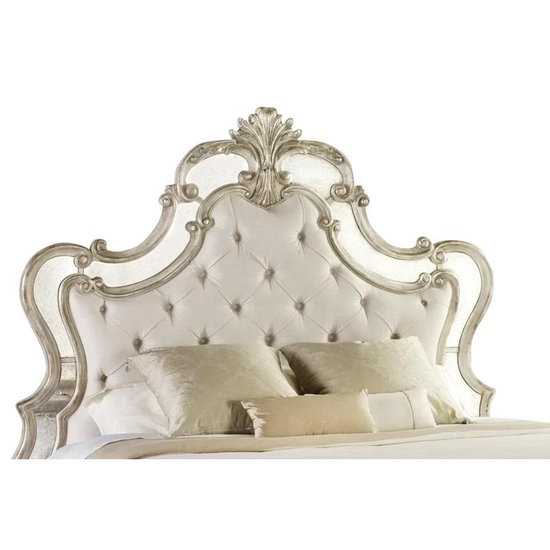 Sanctuary Beige Tufted Queen Headboard with Elegant Silver Leaf Accents