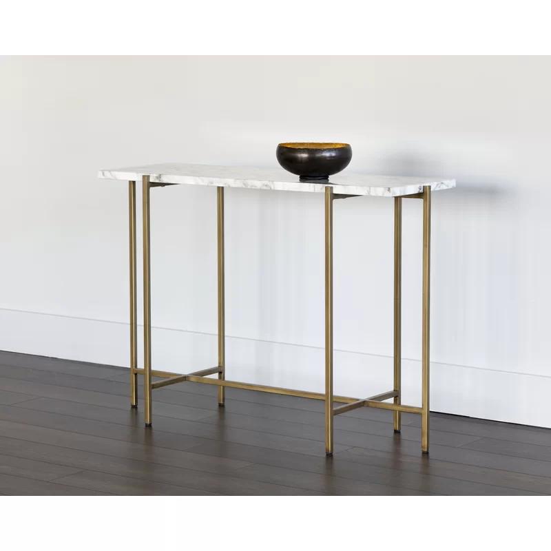 Contemporary White Marble and Antique Brass Rectangular Console Table