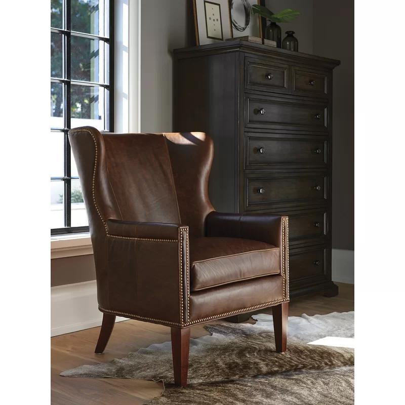 Barclay Butera Sumatra Brown Leather Wingback Chair with Old Brass Nailhead