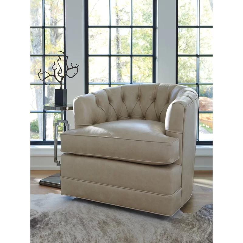 Beige Leather Barrel Swivel Chair with Deep Button-Tufting