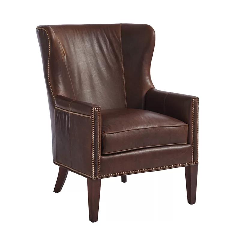 Barclay Butera Sumatra Brown Leather Wingback Chair with Old Brass Nailhead