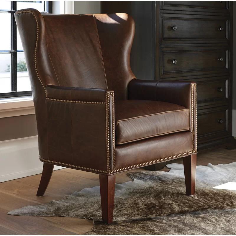 Barclay Butera Sumatra Brown Leather Wingback Chair with Old Brass Nailhead