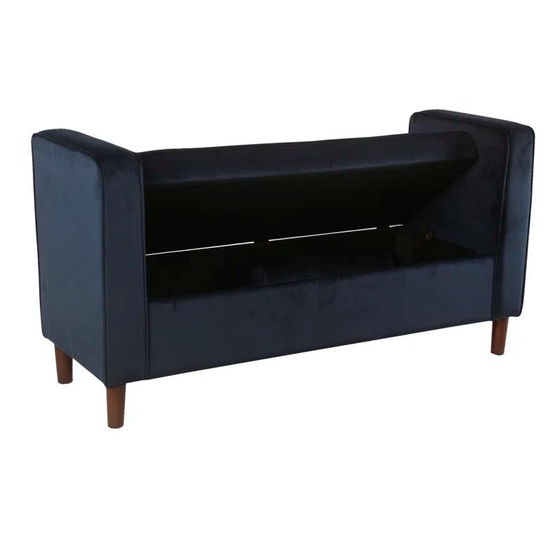 Mid-Century Dark Navy Velvet Storage Bench with Bolster Pillows