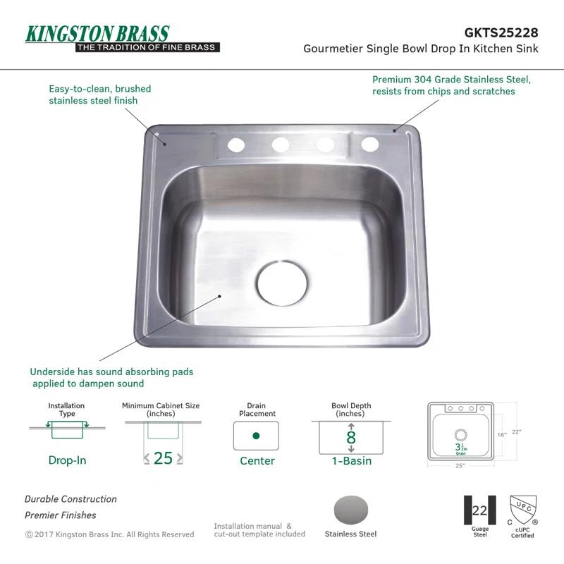 Kingston Brass Studio 25-Inch Stainless Steel Self-Rimming 4-Hole Single Bowl Drop-In Kitchen Sink