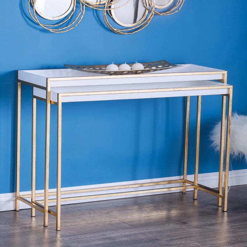 Mercer41 Blaine Wooden Nesting Tray Top Geometric Side End White Accent Table with Gold Metal Legs Set