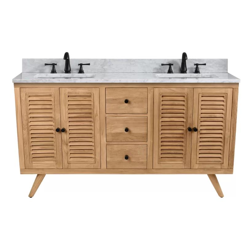 Transitional 61" Teak Double Vanity with Marble Top & Undermount Sinks