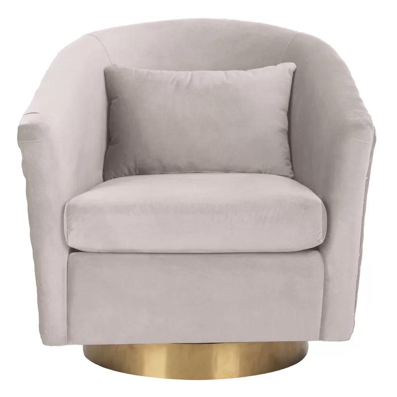 Transitional Pale Taupe Velvet Swivel Barrel Chair with Gold Legs