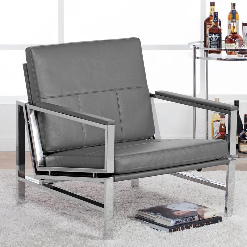 Sustainably Sourced Chrome Smoke Gray Leather Accent Chair