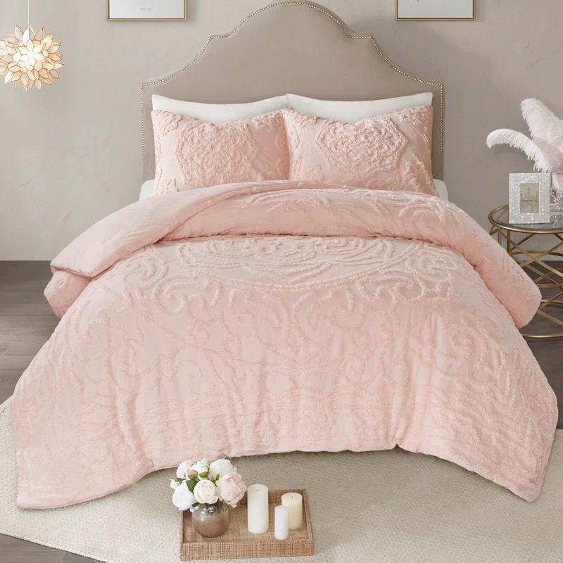 King Blush Cotton Chenille Medallion Fringe Coverlet Set