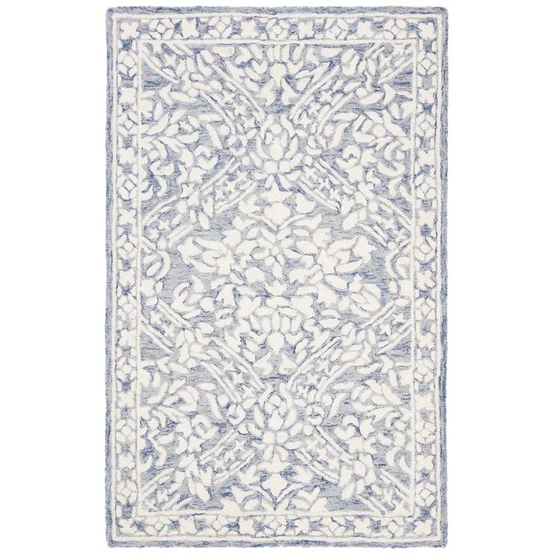 Handmade Tufted Wool Square Rug in Blue with Floral Design