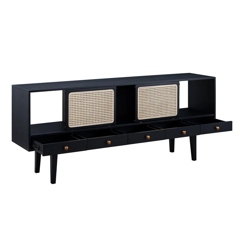 Simms 76.5'' Black Midcentury Modern Media Console with Cane Doors