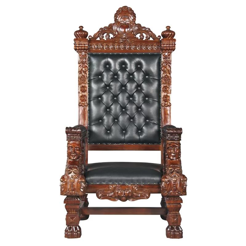 Regal Black Leather and Mahogany Handcrafted Throne Chair