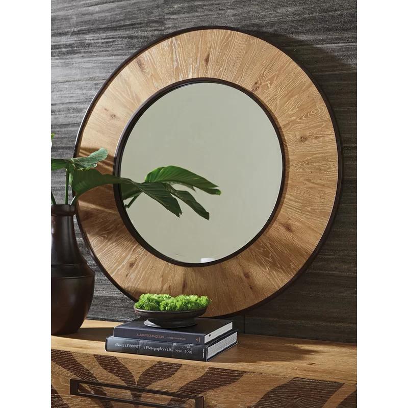 Los Altos 42" Transitional Round Oak Wood Mirror with Aged Bronze Finish