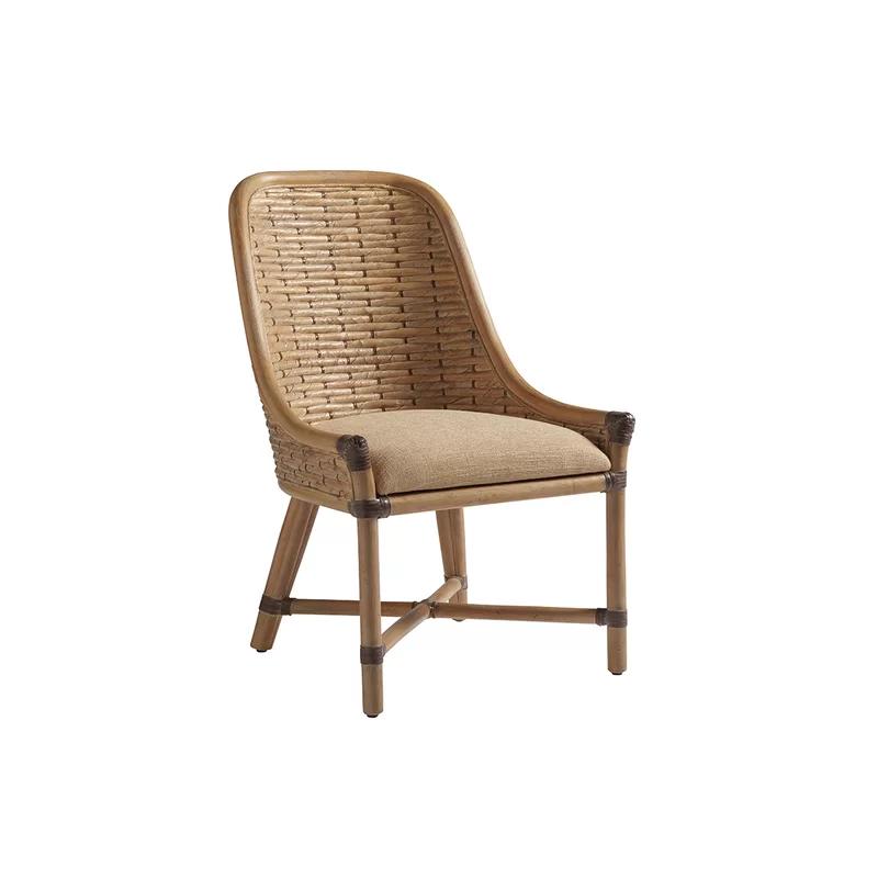 Golden Maize Leather-Strapped Rattan Side Chair with Upholstered Seat