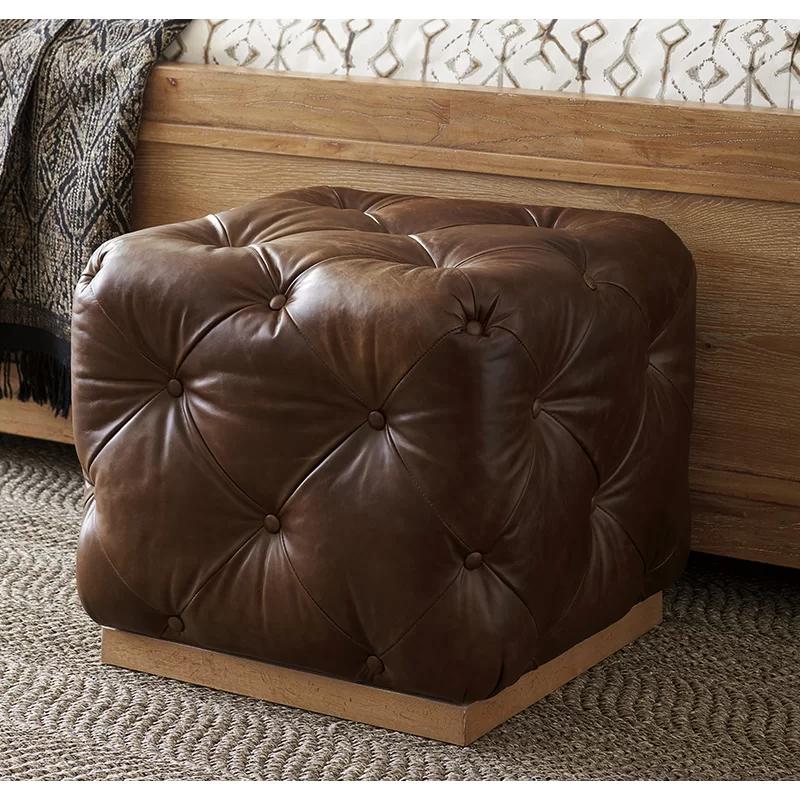 Auburn Brown Leather Tufted Traditional Ottoman