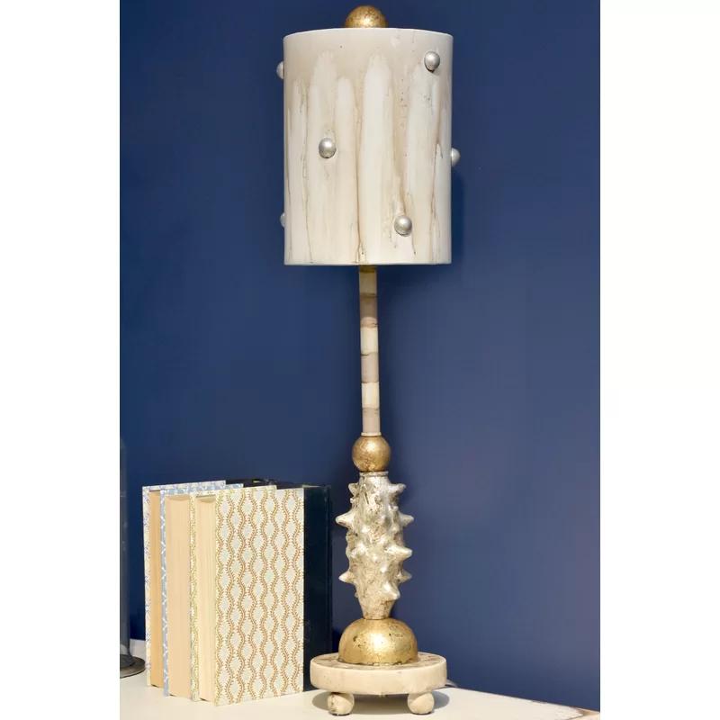 Elegant Cream and Silver Leaf Striped Table Lamp with Parchment Shade