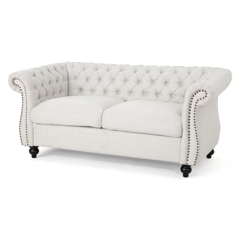 Beige Tufted Velvet Chesterfield Loveseat with Rolled Arms