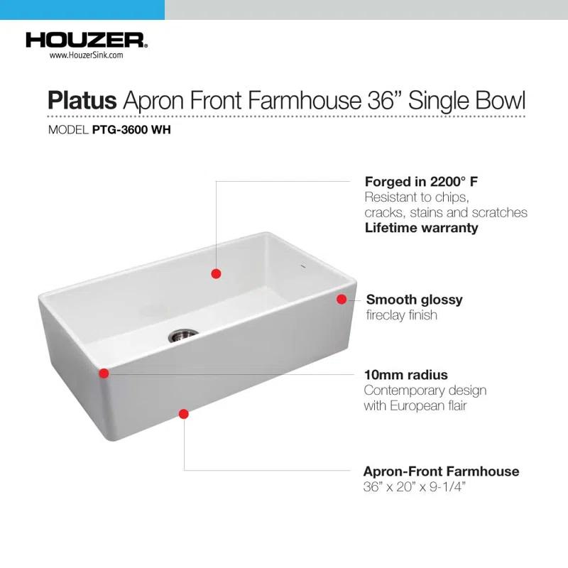 Platus Houzer Farmhouse Apron Front/Undermount 36 inch Fireclay Single Bowl Kitchen Sink