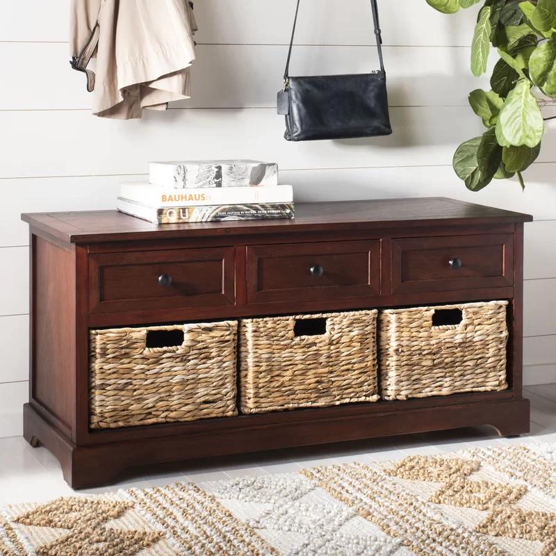 Transitional Damien Dark Cherry Pine Storage Bench with Wicker Baskets