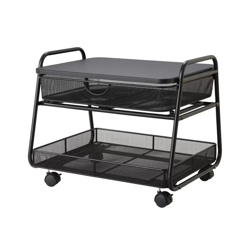 Sleek Black Steel Under-Desk Rolling Stand with Storage Basket & Drawer