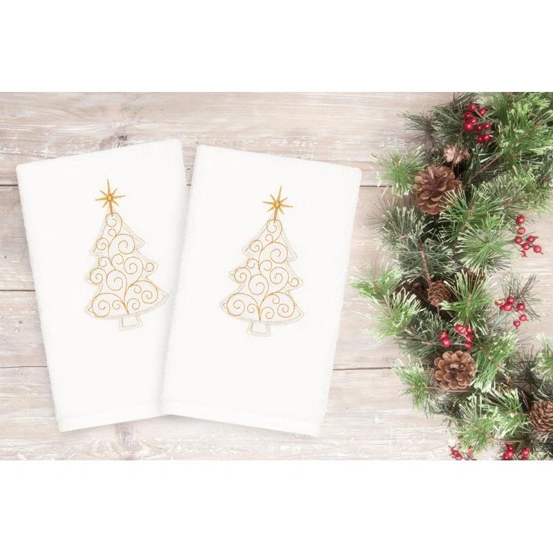 Christmas Scroll Tree Embroidered Luxury Turkish Cotton Hand Towel (Set of 2)