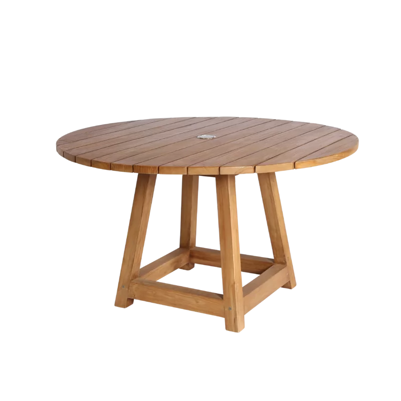 George Reclaimed Teak Round Patio Dining Table with Umbrella Hole - Natural Brown