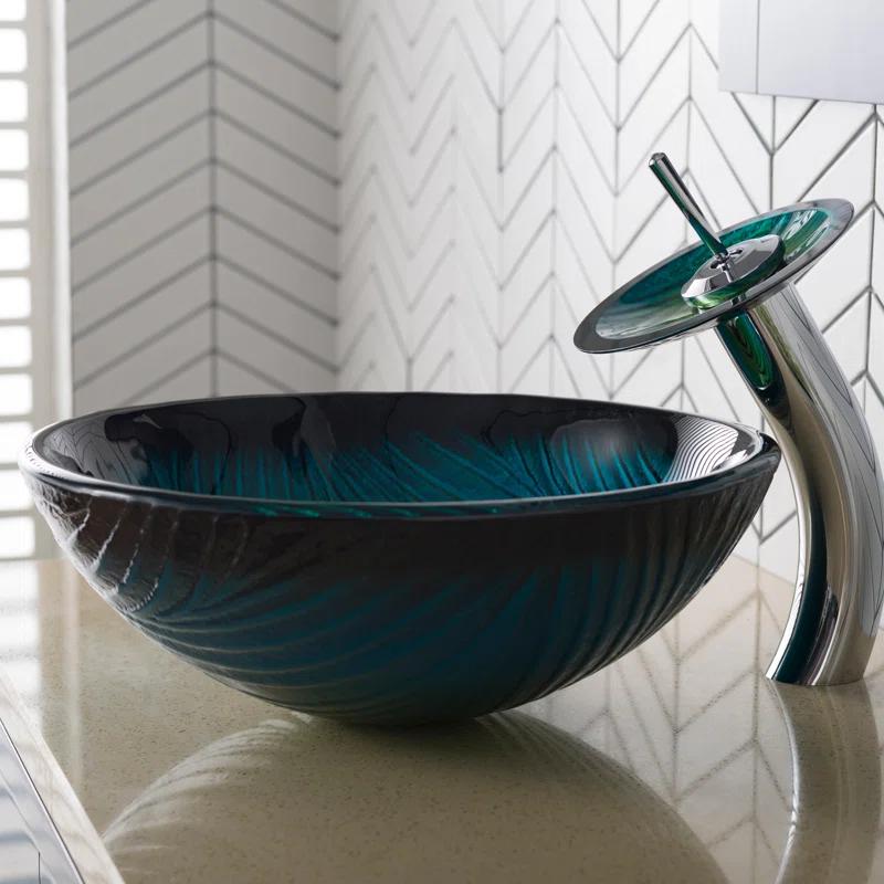 Kraus Nei Glass Bathroom Vessel Sink and Waterfall Faucet Set with Pop-Up Drain