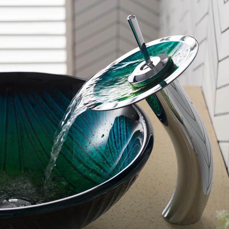 Kraus Nei Glass Bathroom Vessel Sink and Waterfall Faucet Set with Pop-Up Drain
