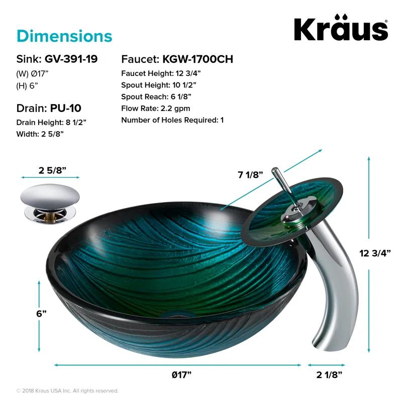 Kraus Nei Glass Bathroom Vessel Sink and Waterfall Faucet Set with Pop-Up Drain