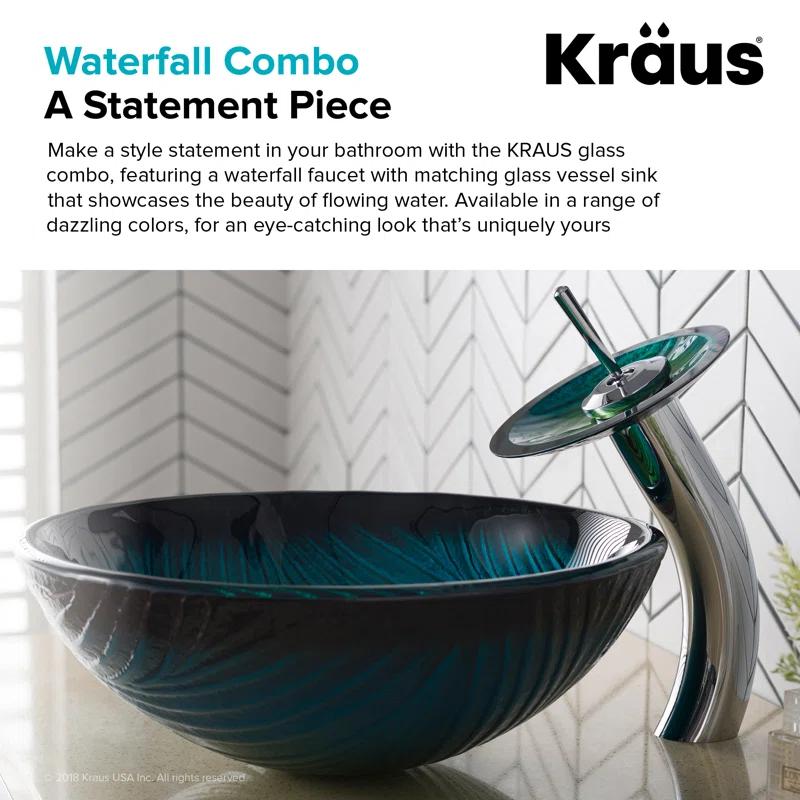 Kraus Nei Glass Bathroom Vessel Sink and Waterfall Faucet Set with Pop-Up Drain