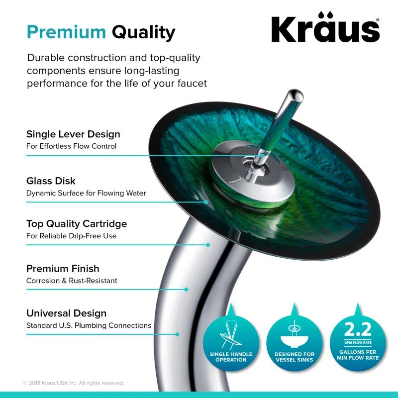 Kraus Nei Glass Bathroom Vessel Sink and Waterfall Faucet Set with Pop-Up Drain