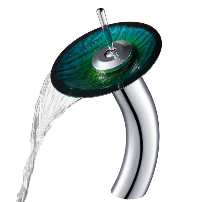 Kraus Nei Glass Bathroom Vessel Sink and Waterfall Faucet Set with Pop-Up Drain
