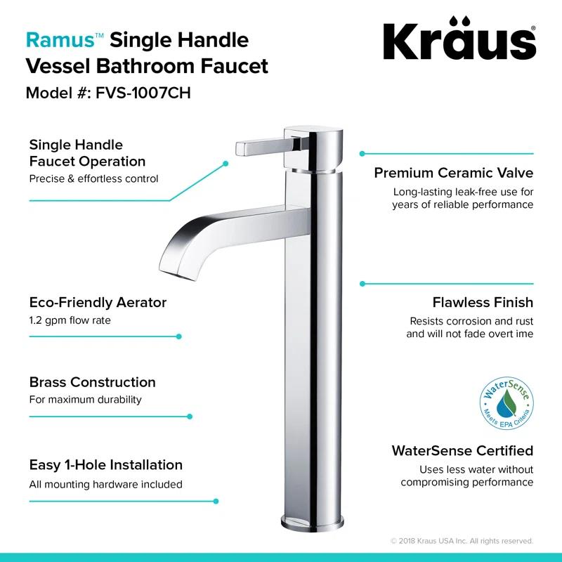Kraus Ramus Vessel Mixer Single-Handle Bathroom Faucet with Matching Pop-Up Drain