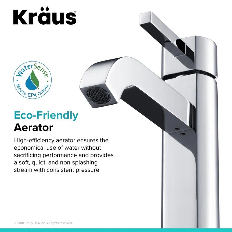 Kraus Ramus Vessel Mixer Single-Handle Bathroom Faucet with Matching Pop-Up Drain